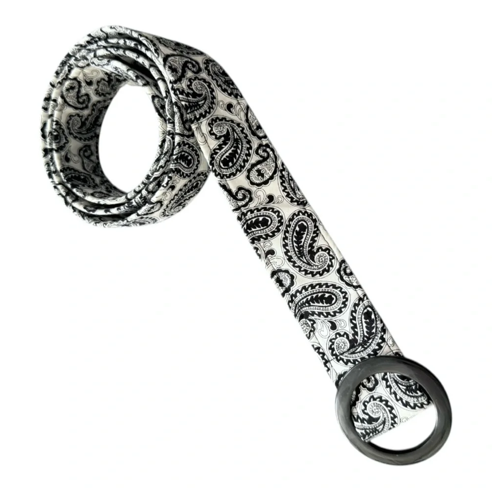 White Bandana Black Paisley Thick Fabric Belt Size L/XL 45” Classic